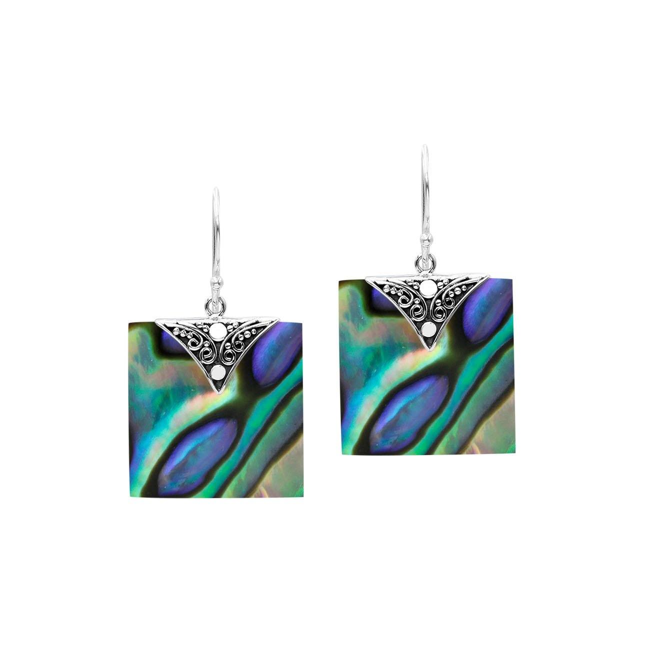 Silver square earrings with Abalone Shell and decorative overlay