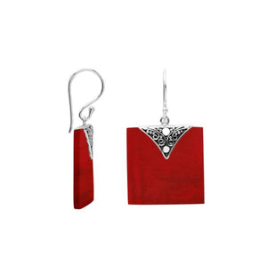 Silver square earrings with Red Coral and artistic top accent