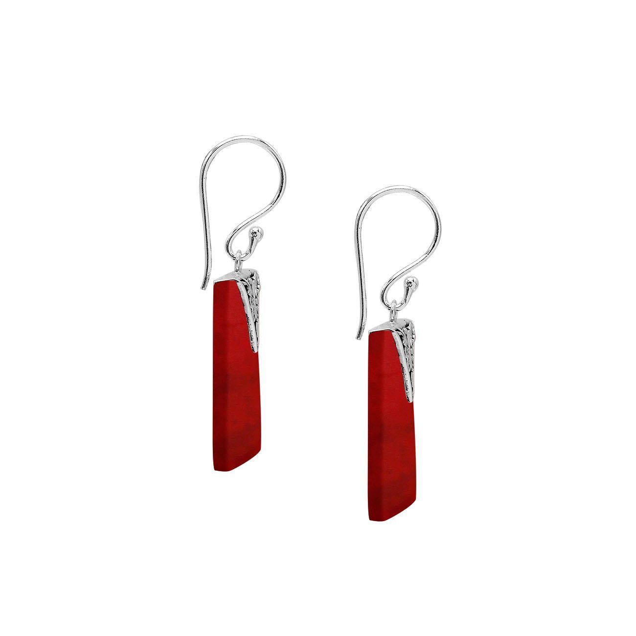 Silver square earrings with Red Coral and artistic top accent