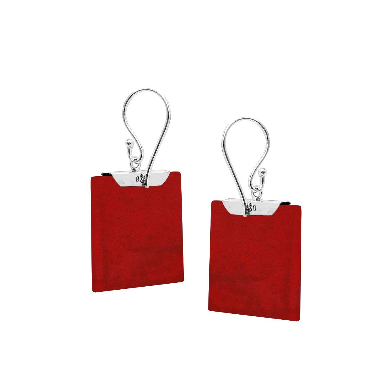 Silver square earrings with Red Coral and artistic top accent