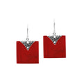 Silver square earrings with Red Coral and artistic top accent