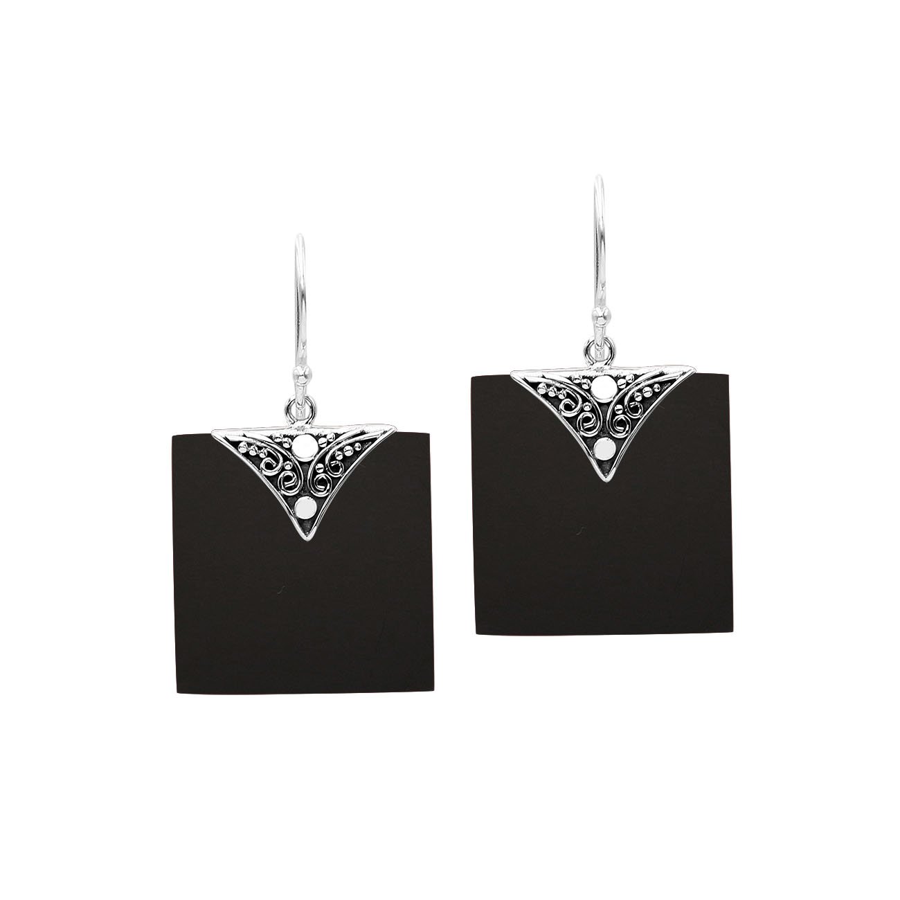 Silver square earrings with Black Shell and decorative silver detail