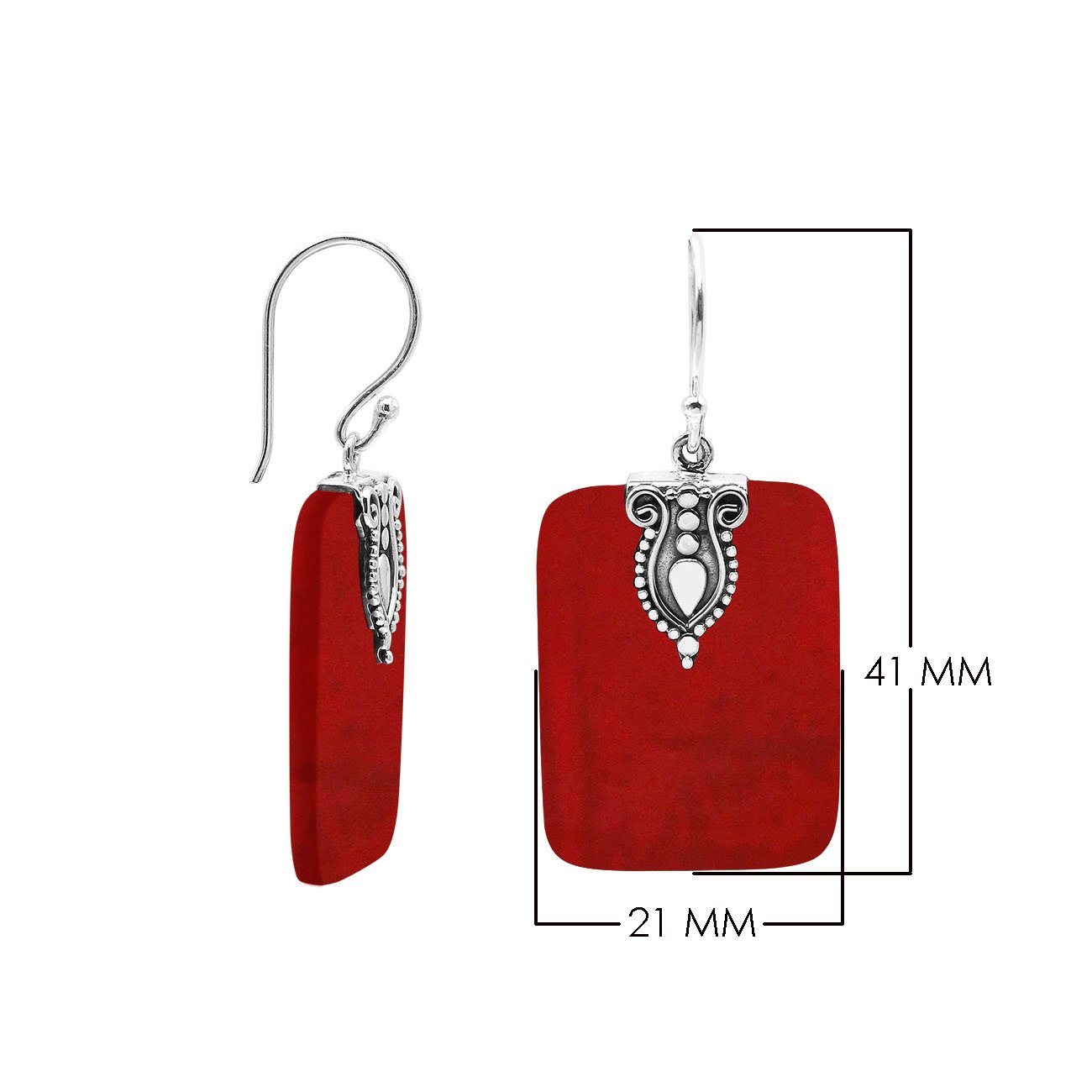 Rectangular Red Coral earrings with ornate silver top