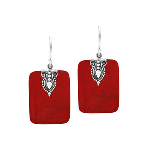Rectangular Red Coral earrings with ornate silver top