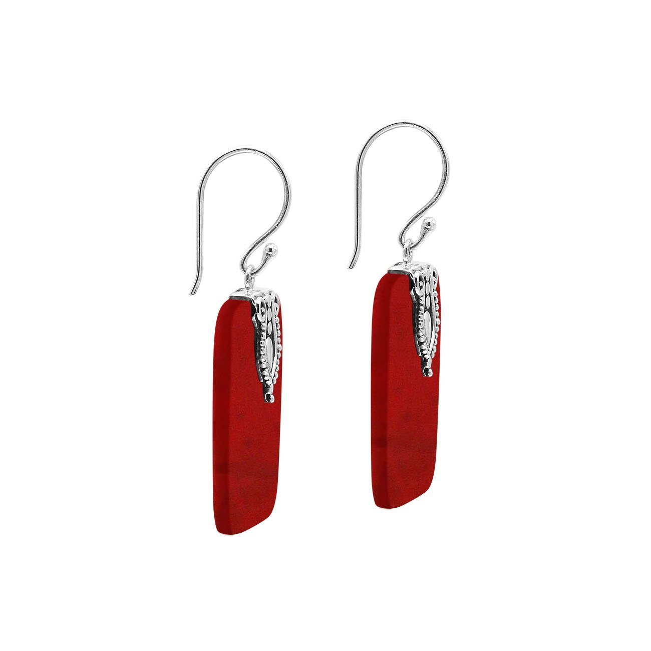 Rectangular Red Coral earrings with ornate silver top