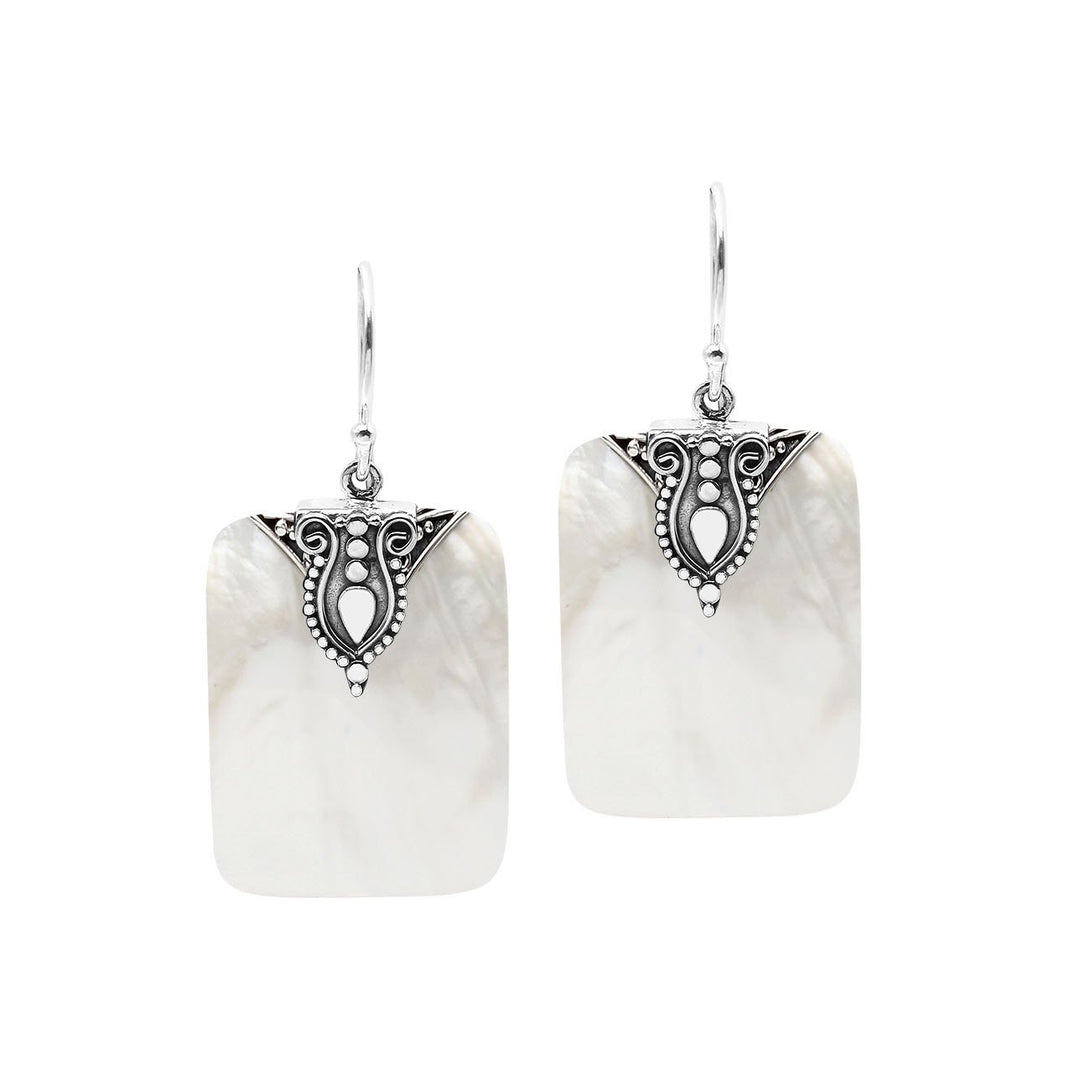 Rectangular Mother Of Pearl earrings with ornate silver top