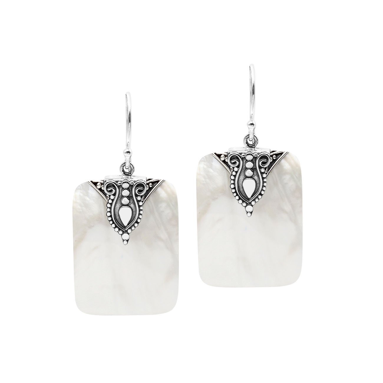 Rectangular Mother Of Pearl earrings with ornate silver top