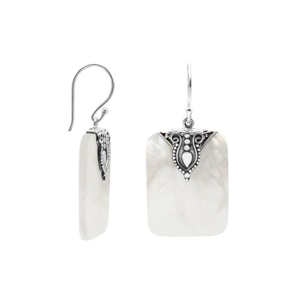 Rectangular Mother Of Pearl earrings with ornate silver top
