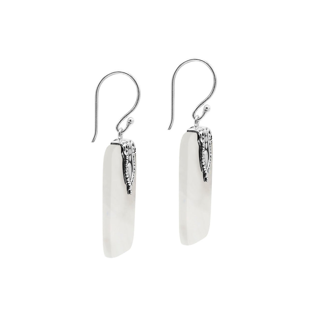 Rectangular Mother Of Pearl earrings with ornate silver top