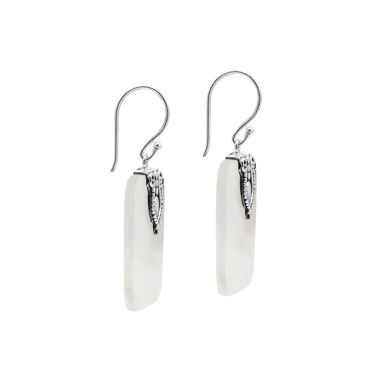 Rectangular Mother Of Pearl earrings with ornate silver top