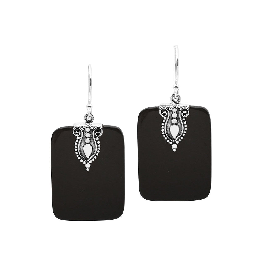 Rectangular Black Shell earrings with ornate silver top
