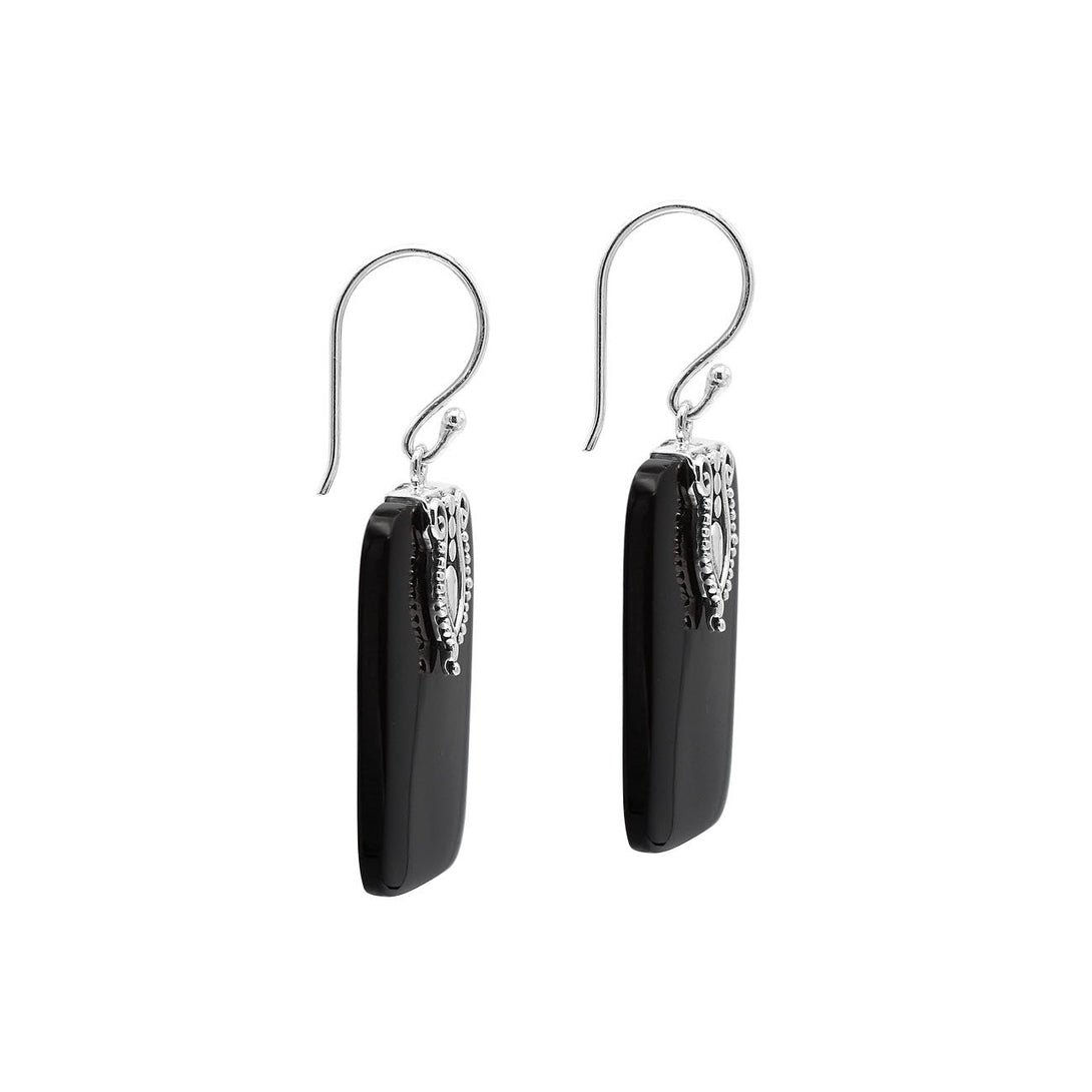 Rectangular Black Shell earrings with ornate silver top