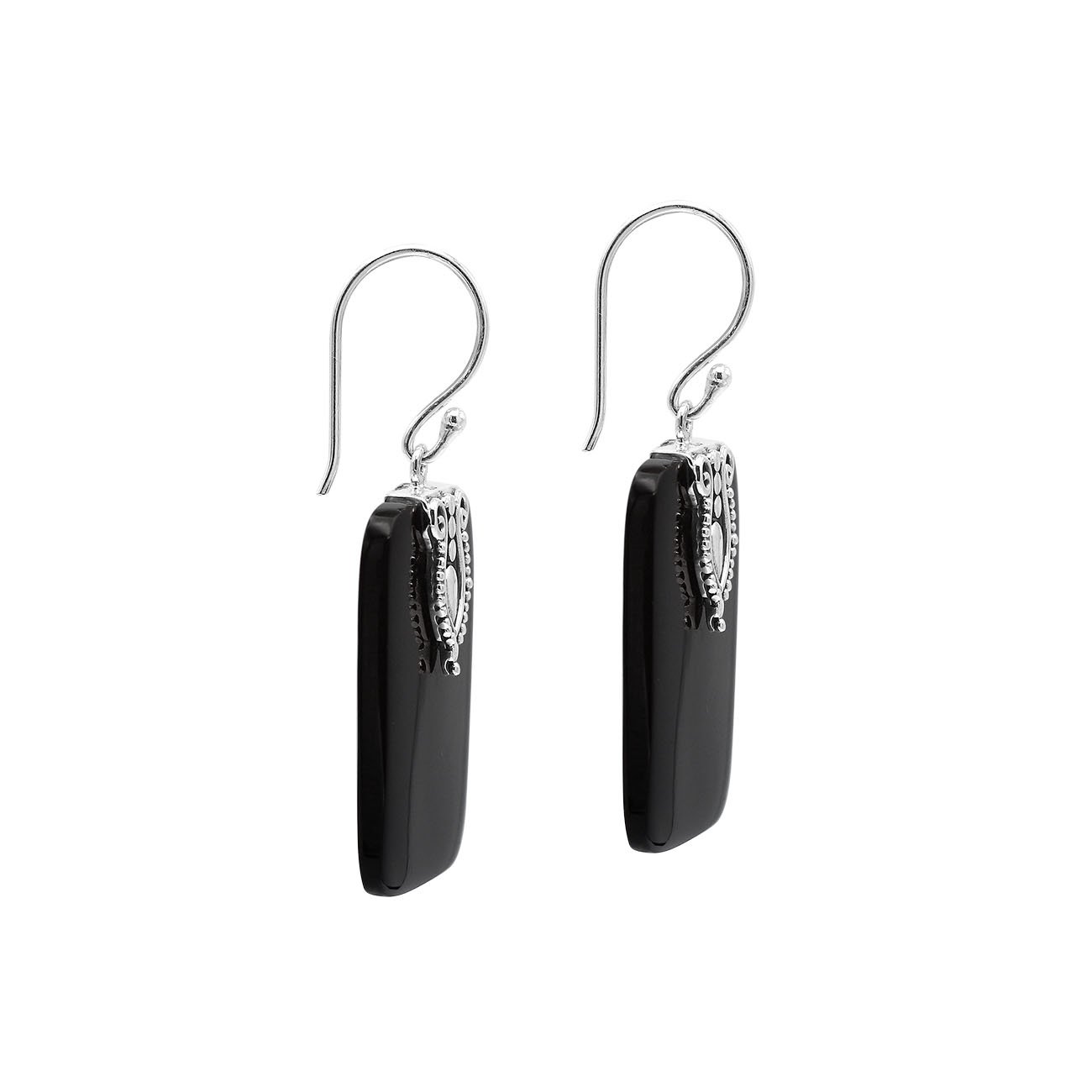 Rectangular Black Shell earrings with ornate silver top