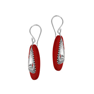 Red Coral round sterling silver earrings with triangular center cut-out.