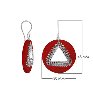 Red Coral round sterling silver earrings with triangular center cut-out.