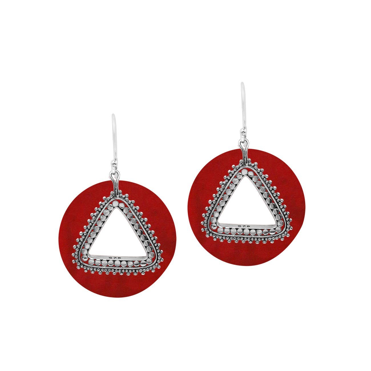 Red Coral round sterling silver earrings with triangular center cut-out.