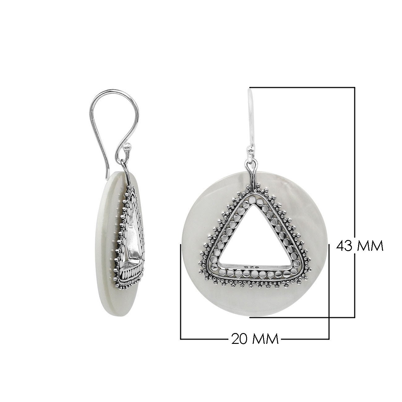 Mother Of Pearl round earrings with silver beaded triangular cut-out.