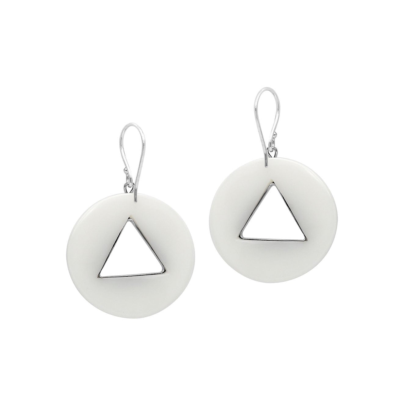 Mother Of Pearl round earrings with silver beaded triangular cut-out.