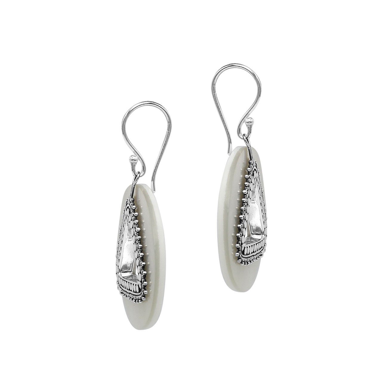 Mother Of Pearl round earrings with silver beaded triangular cut-out.