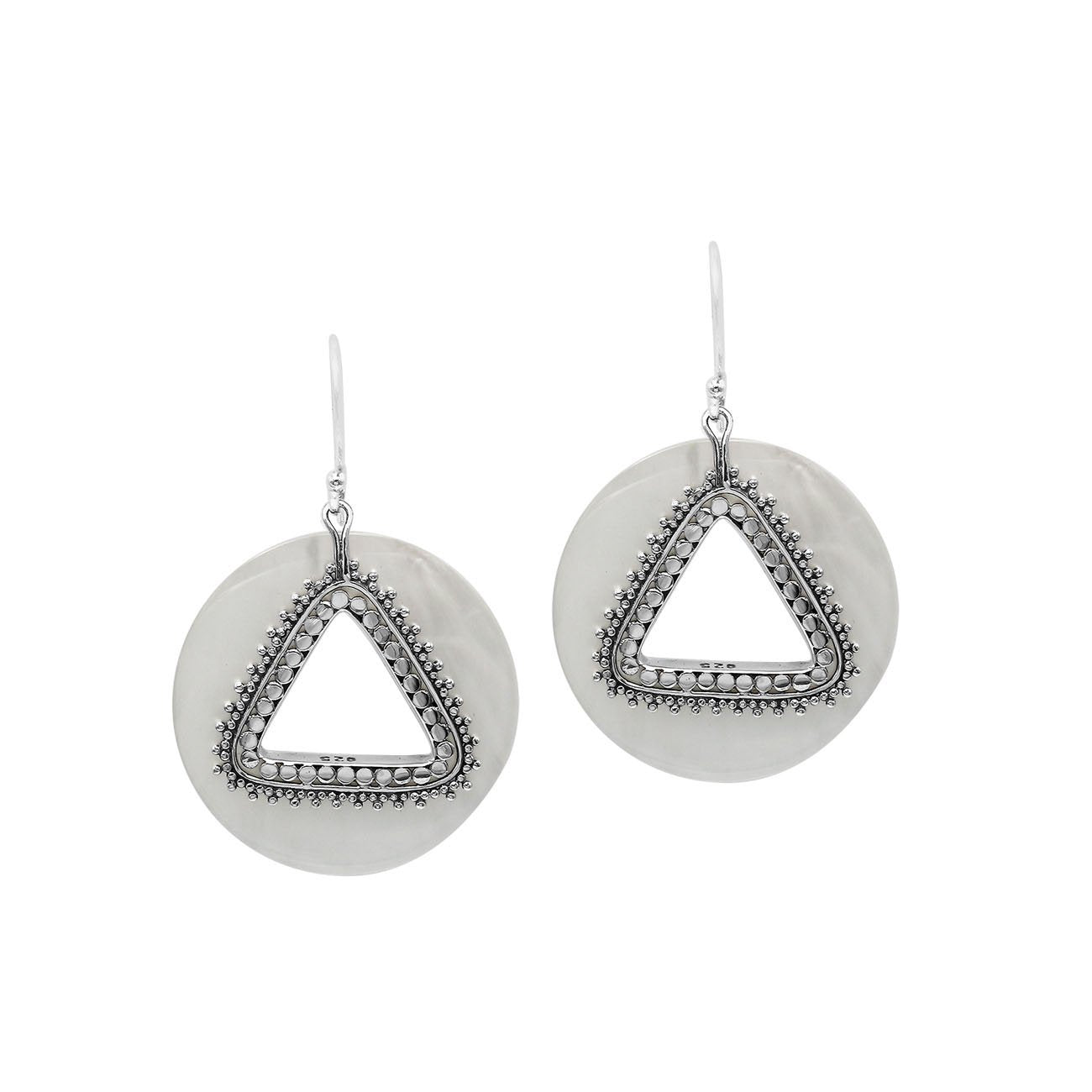 Mother Of Pearl round earrings with silver beaded triangular cut-out.