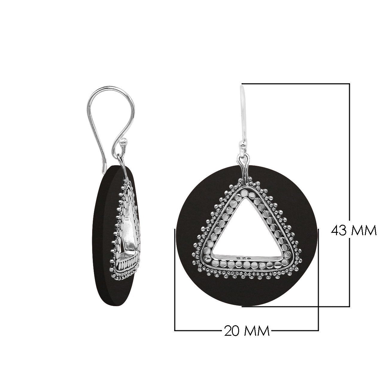 Black Shell round sterling silver earrings with beaded triangular cut-out.