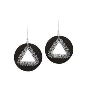 Black Shell round sterling silver earrings with beaded triangular cut-out.