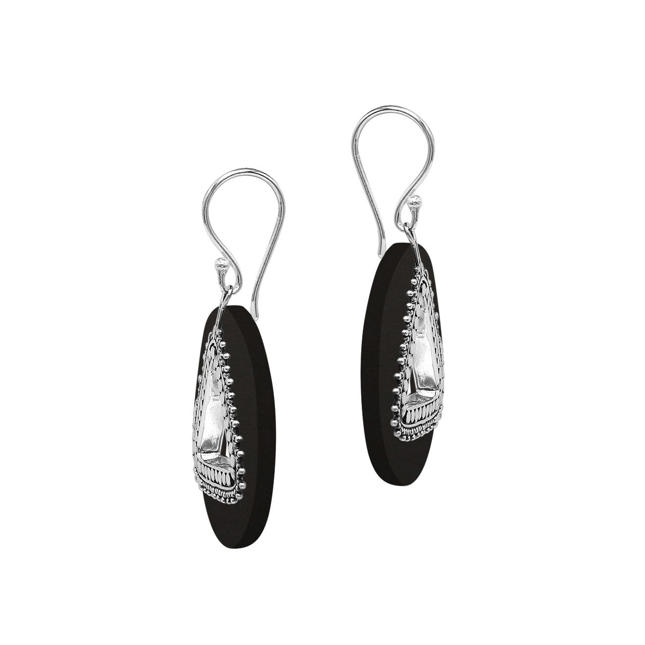Black Shell round sterling silver earrings with beaded triangular cut-out.