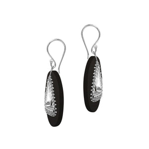 Black Shell round sterling silver earrings with beaded triangular cut-out.