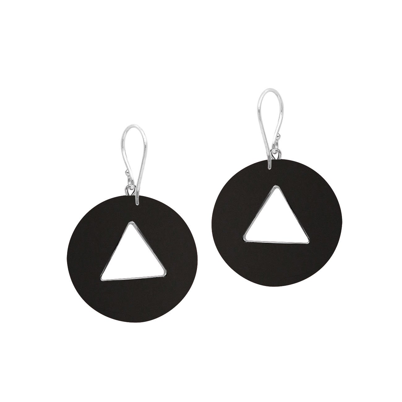 Black Shell round sterling silver earrings with beaded triangular cut-out.