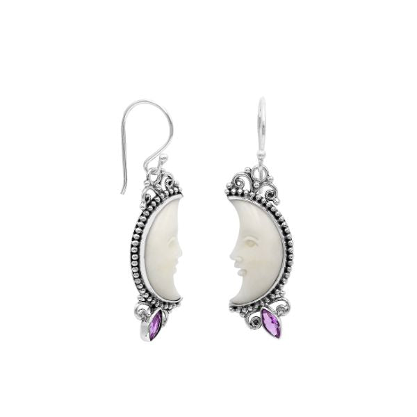 Sterling silver lunar bone face earrings with amethyst quartz and earwire lock