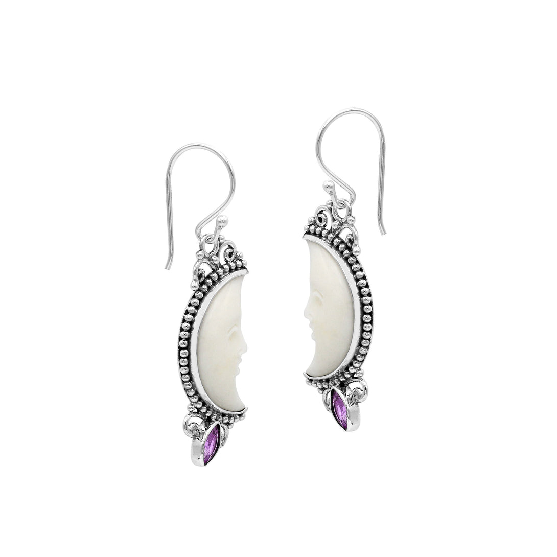 AE-1185-AM Sterling Silver Half Moon Shape Earring With Bone Face and Amethyst Jewelry Bali Designs Inc 