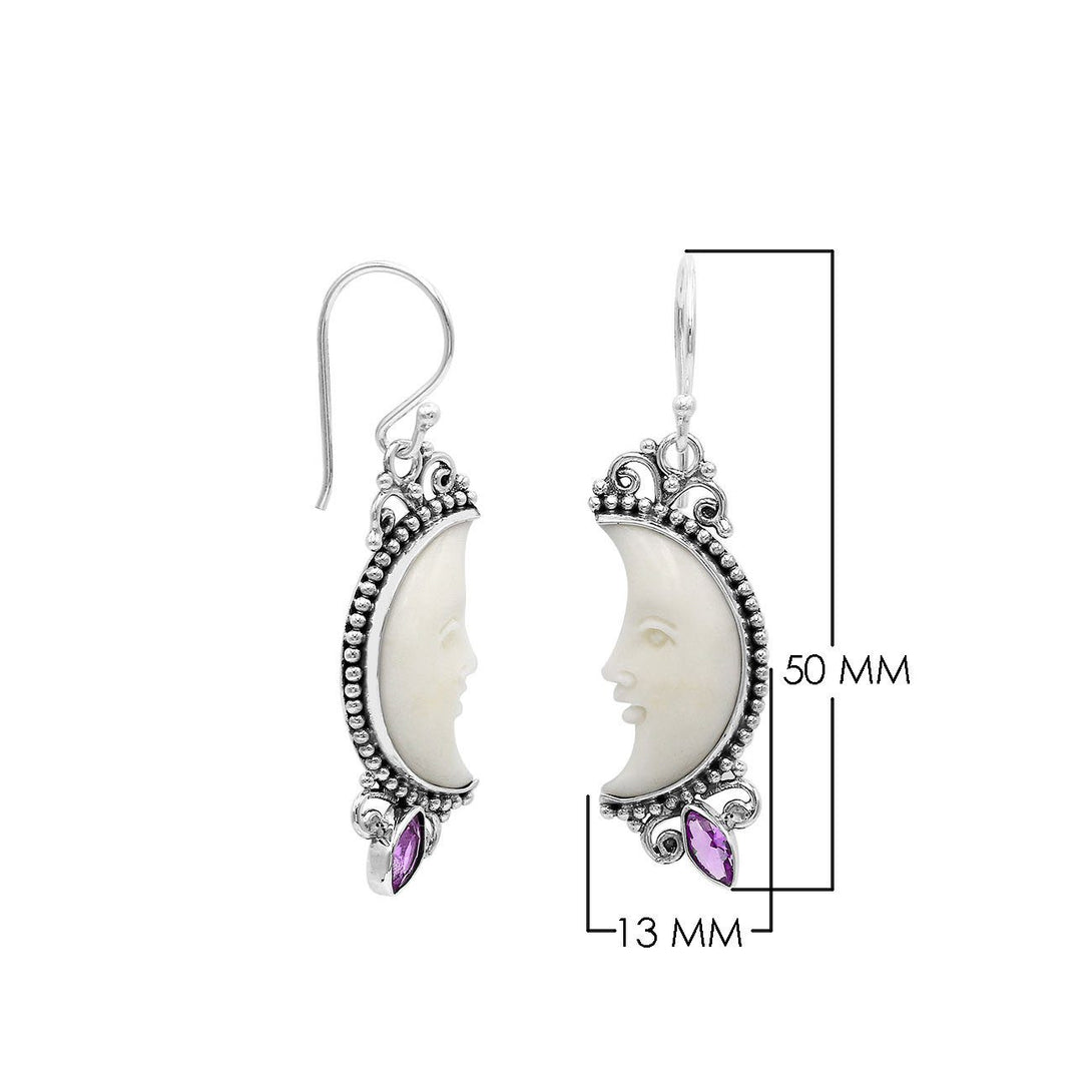 Sterling silver lunar bone face earrings with amethyst quartz and earwire lock