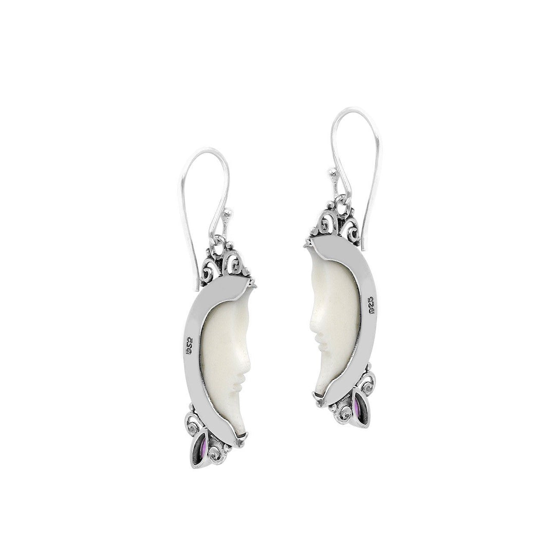Sterling silver lunar bone face earrings with amethyst quartz and earwire lock