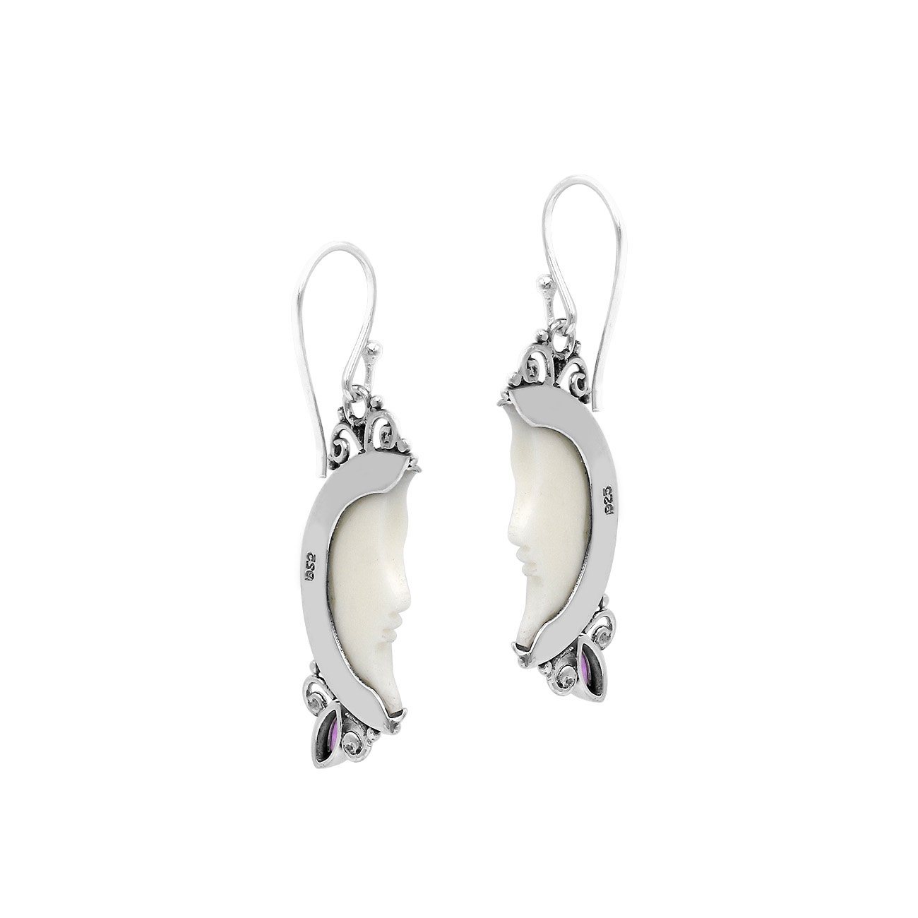 Sterling silver lunar bone face earrings with amethyst quartz and earwire lock