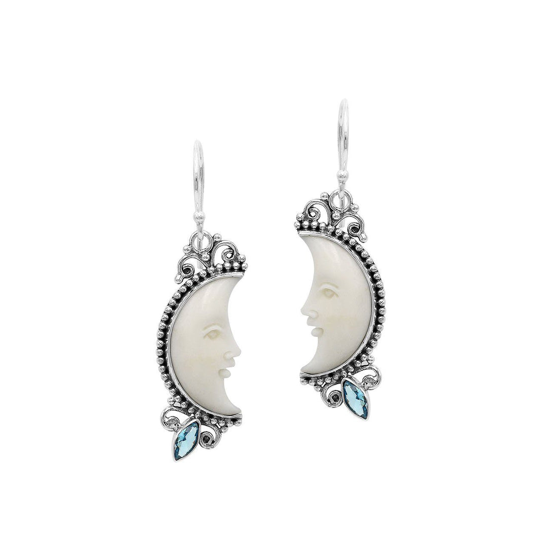 AE-1185-BT Sterling Silver Half Moon Shape Earring With Bone Face and Blue Topaz Jewelry Bali Designs Inc 