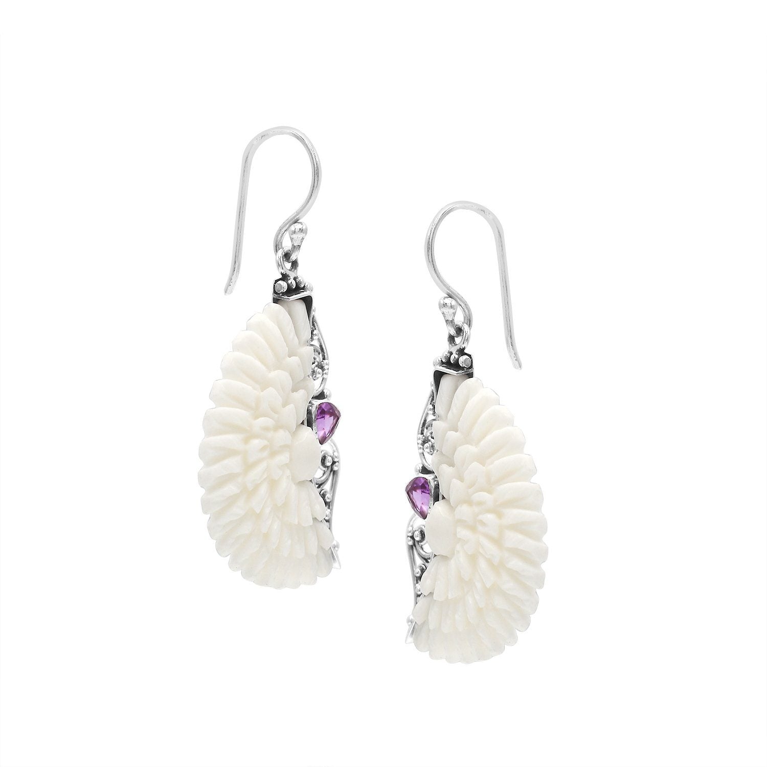 Sterling silver carved bone floral earrings with Amethyst Quartz and earwire lock