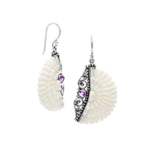 Sterling silver carved bone floral earrings with Amethyst Quartz and earwire lock