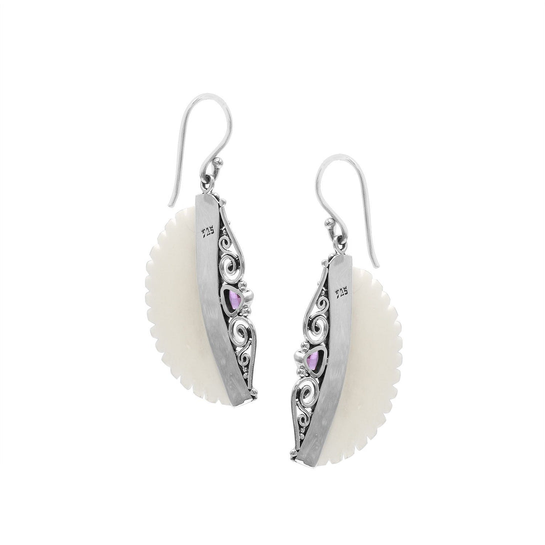 AE-1186-AM Sterling Silver Half Moon Shape Earring With Bone Flower and Amethyst Jewelry Bali Designs Inc 