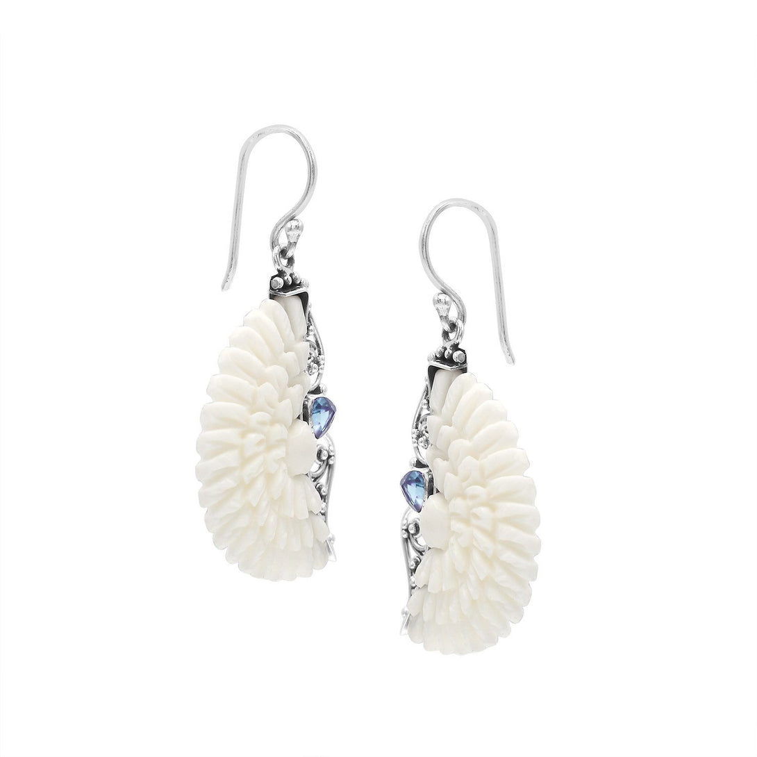 AE-1186-BT Sterling Silver Half Moon Shape Earring With Bone Flower and Blue Topaz Q. Jewelry Bali Designs Inc 