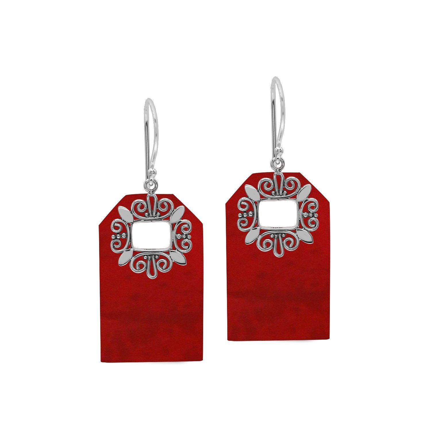 Red Coral geometric earrings with silver filigree frame
