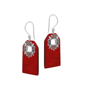 Red Coral geometric earrings with silver filigree frame