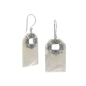 Mother of Pearl geometric earrings with silver filigree frame