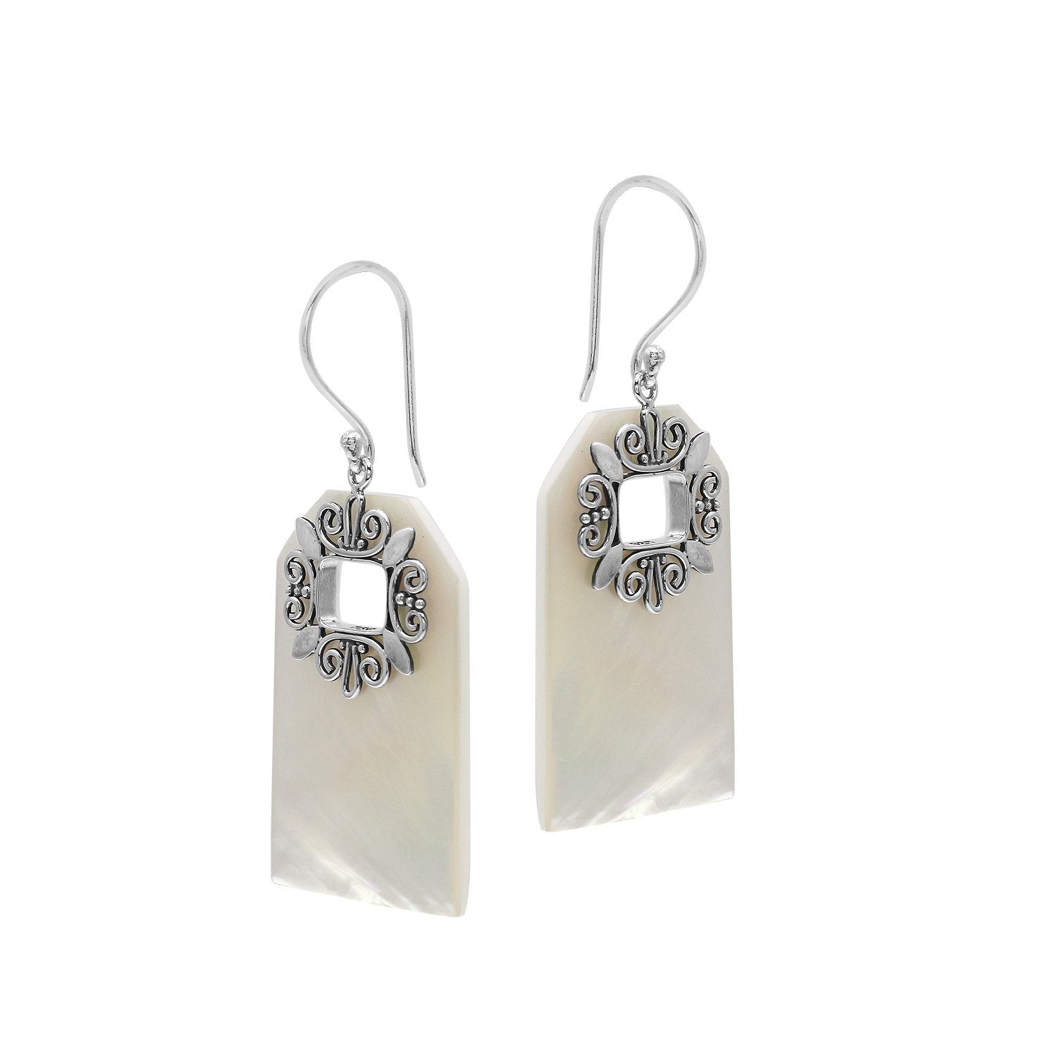 Mother of Pearl geometric earrings with silver filigree frame