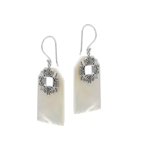 Mother of Pearl geometric earrings with silver filigree frame