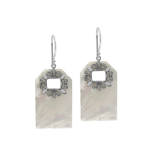Mother of Pearl geometric earrings with silver filigree frame