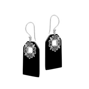 Black Shell rectangular earrings with silver filigree frame