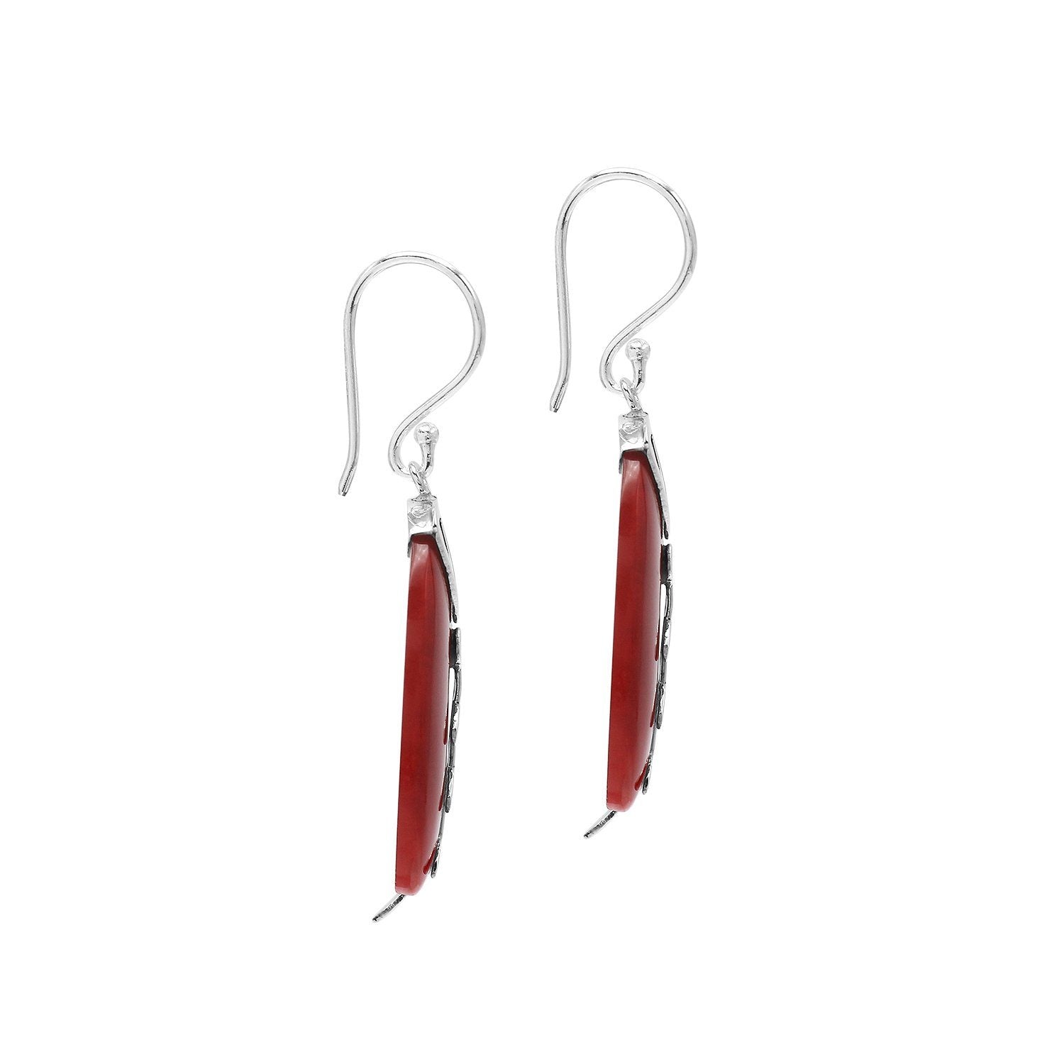 Red Coral split oval earrings with silver caps