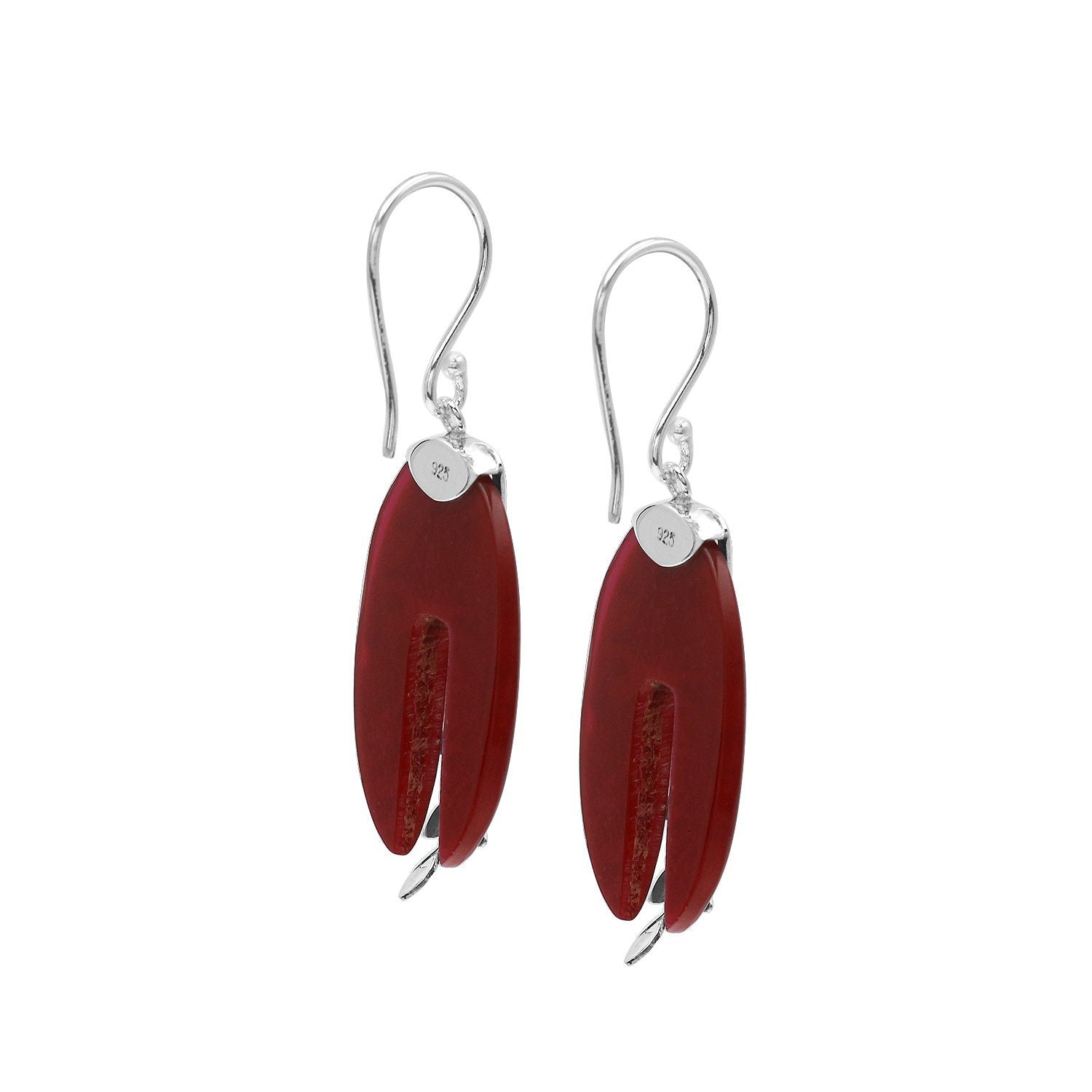 Red Coral split oval earrings with silver caps