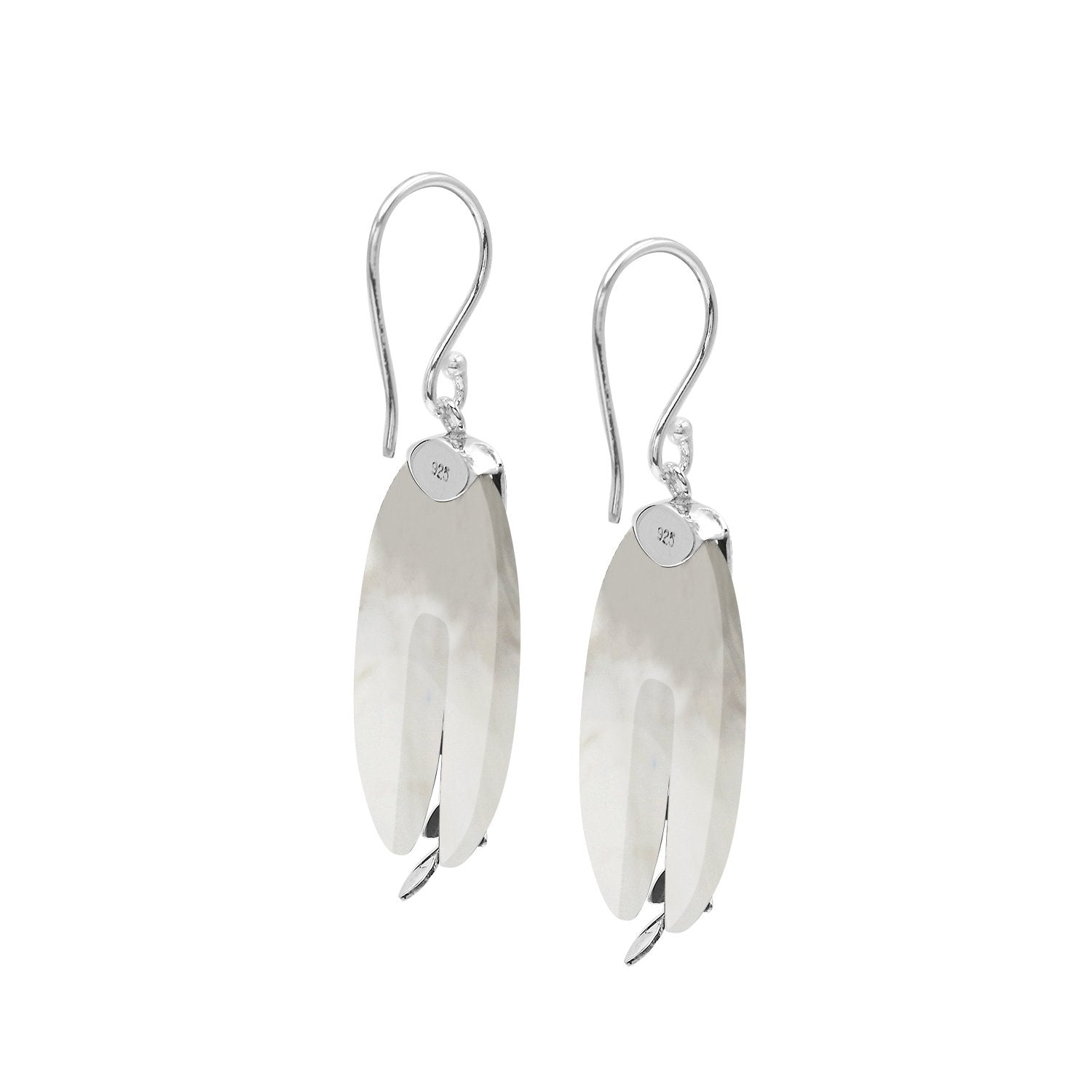 Mother of Pearl oval earrings with silver leaf design