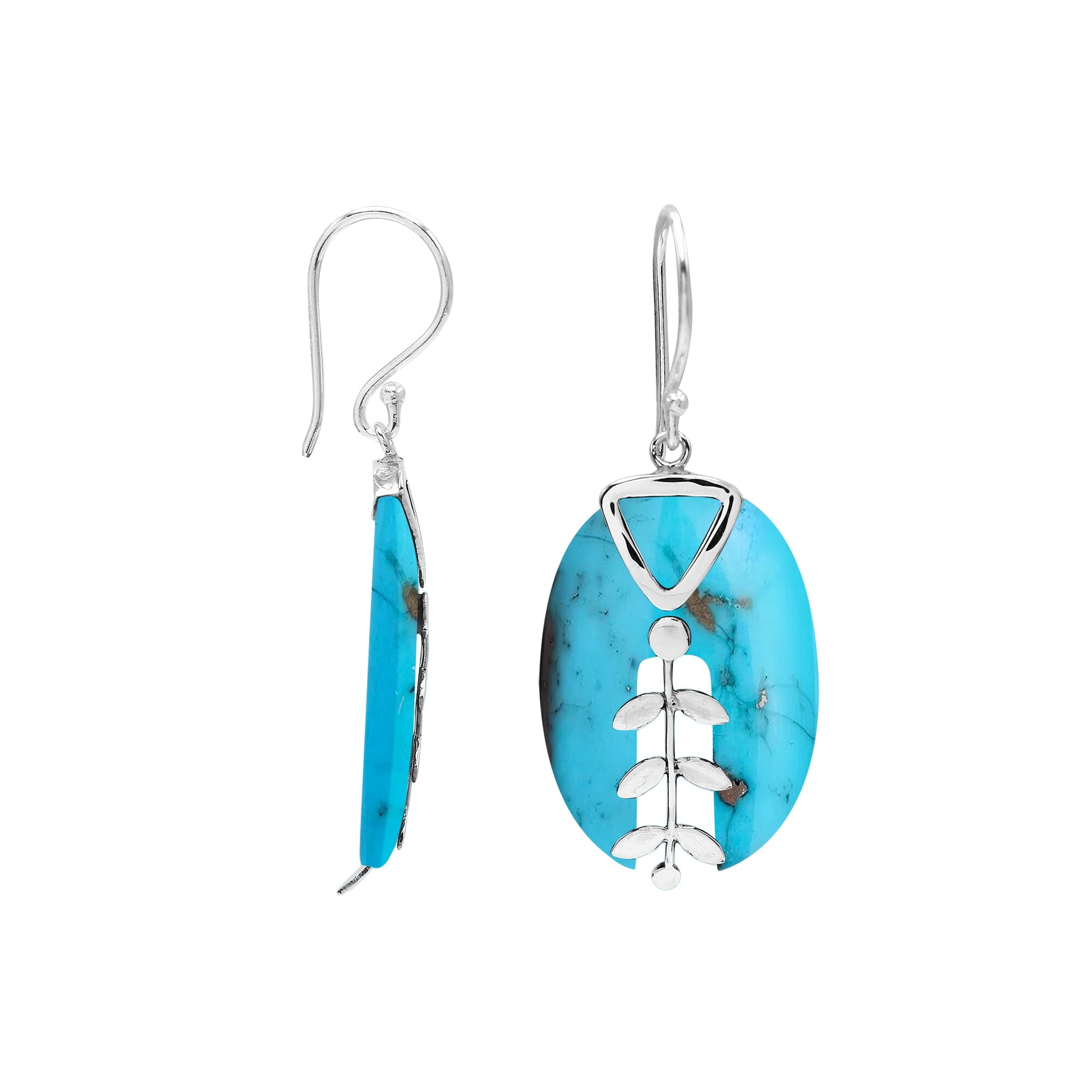 Turquoise Shell oval earrings with silver leaf detail